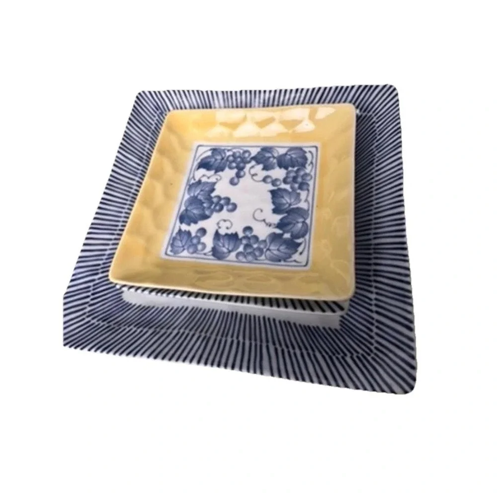 Set of 3 Square Serving Plates Blue Yellow Grapevine Pattern Ceramic Decor Table